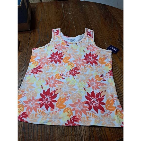 New Large Basic Editions Sleeveless Cotton Floral Tank Top Red Coral Yellow NWT - Picture 3 of 7